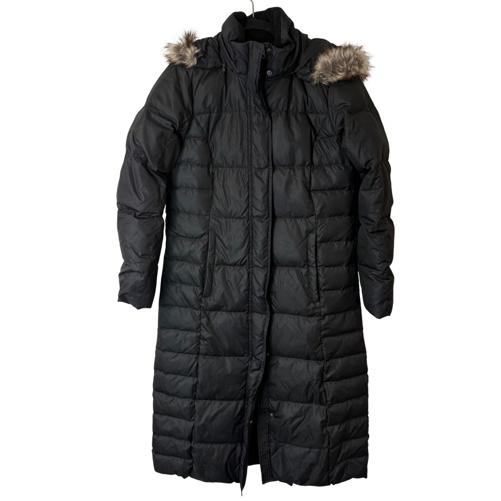 Eddie Bauer Womens Lodge Long Down Puffer Coat Parka Medium Black Faux Fur Hood